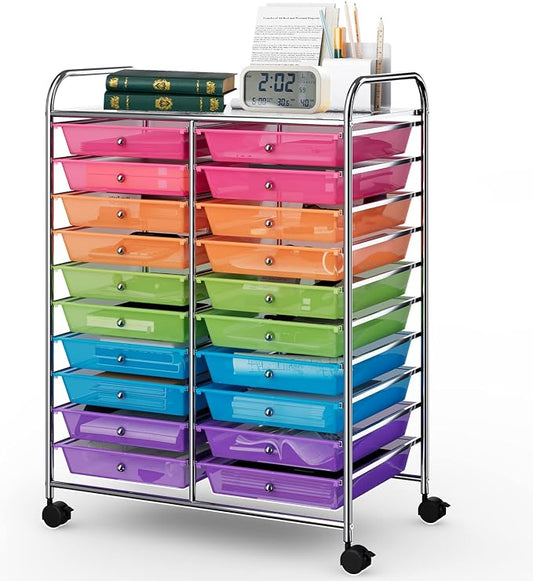 COSTWAY 20-Drawer Rolling Storage Cart, Utility Storage Organizer Cart for Tools, Scrapbook, Paper, Craft, Multipurpose Storage Trolley on Wheels for Home Office School (Rainbow)