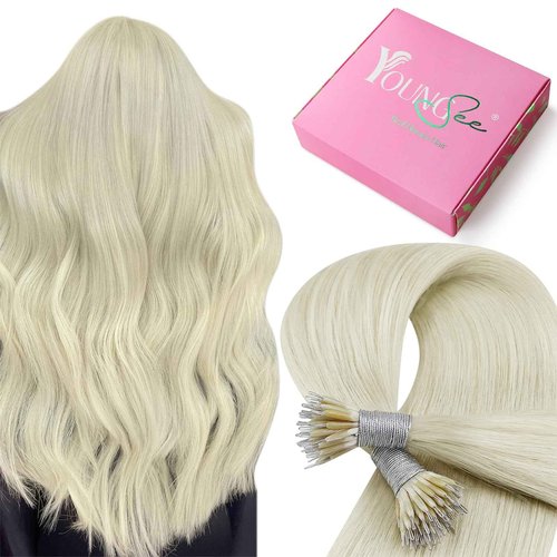 YoungSee Nano Bead Hair Extensions Human Hair Blonde Platinum 20 Inch Nano Ring Hair Extensions White Blonde Remy Hair Nano Tip Extensions Real Human Hair for Natural Look 50G