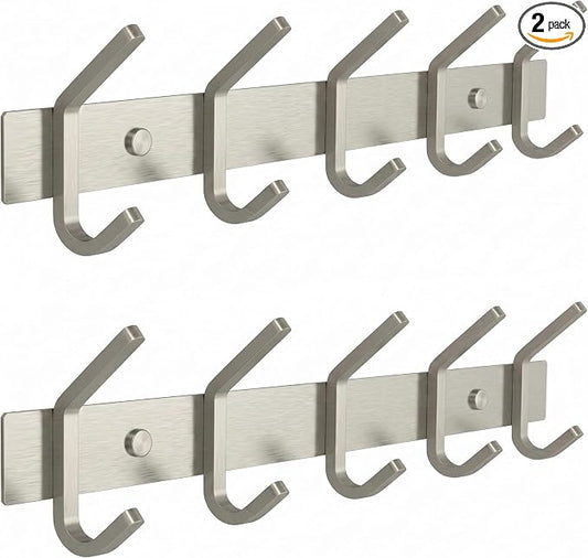 Coat Rack Wall Mount – Brushed Nickel 15 Inch Stainless Steel Hook Rail with 5 Heavy Duty Double Coat Hooks – Wall Mounted Coat Hanger for Entryway, Bathroom, Bedroom, Towel, Hat Organizer - 2 Pack