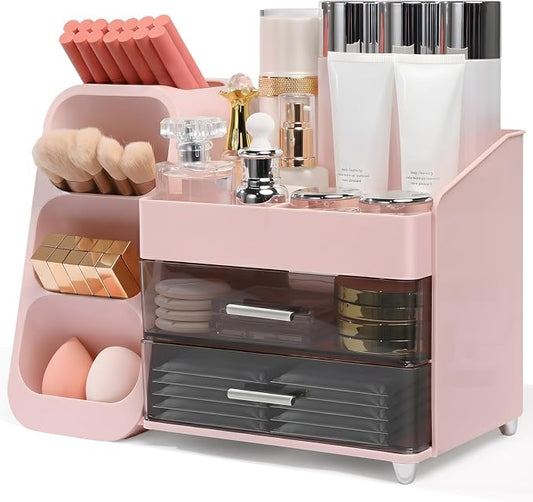 Brothersbox Makeup Organizer with Brush Holder for Vanity, Large Countertop Skincare Storage with 2 Drawers, Holds Lipsticks, Nail Polishes, Perfumes, Brushes - Gift for Women, Pink