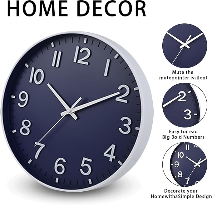 HZDHCLH Wall Clocks Battery Operated,Wall Clock Navy Blue,14 inch Wall Clock Silent Non Ticking Modern 3D Numbers for Kitchen Bedroom Living Room Office Classroom Decor