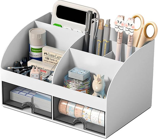 COMFYROOM Desk Organizer with 6 Compartments and 2 Drawers, Plastic Makeup Organizer, Pen Holder for Desktop Storage, Desk Organization for School, Home, Office Supplies (Grey)