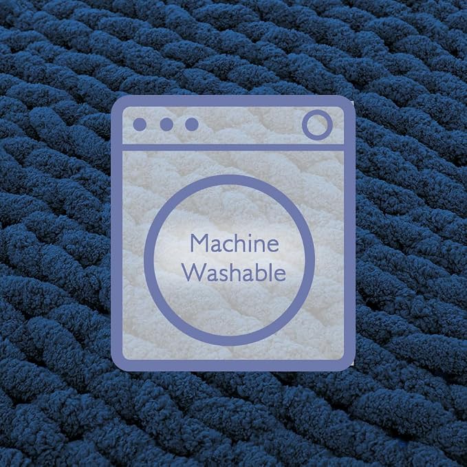 Bigacogo Chunky Knit Throw Blanket for Couch, 40x40 inches, 100% Hand Knitted with Thick Jumbo Chenille Yarn, Cozy Soft Large Rope Knot Cable Crochet Blankets for Sofa Bed Living Room, Navy Blue