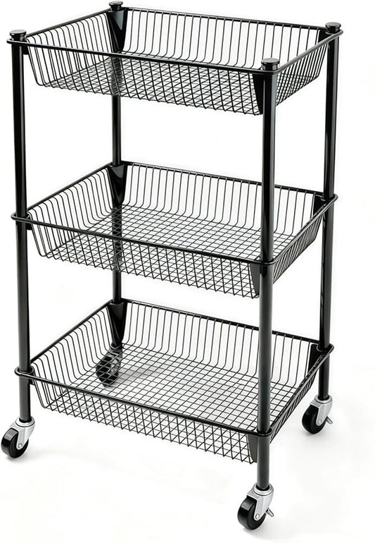 Pantry Organizer and Storage Shelves Kitchen Cart for Fruit Vegetables, 3 Tier Utility Cart with Wheels, Onion Potato Storage Basket Thicken Metal Trolley for Laundry Bathroom, Black