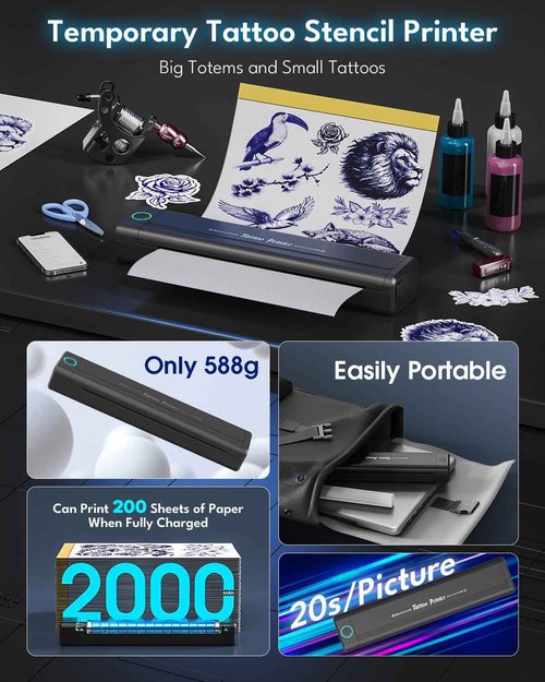 2025 New Wireless Tattoo Stencil Printer with 10 pcs of Transfer Paper,Tattoo Printer Machine for Tattoo Artists& Beginners,Compatible with Phone&PC