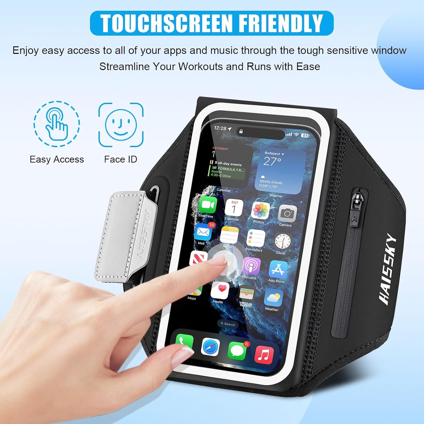 Running Phone Armband with Earphone Holder - 3D Design Cell Phone Armband for iPhone 15/14/13 Pro/Plus & Galaxy S20/S10, Water Resistant Sports Phone Holder with Key Slot for 6.9" Device"