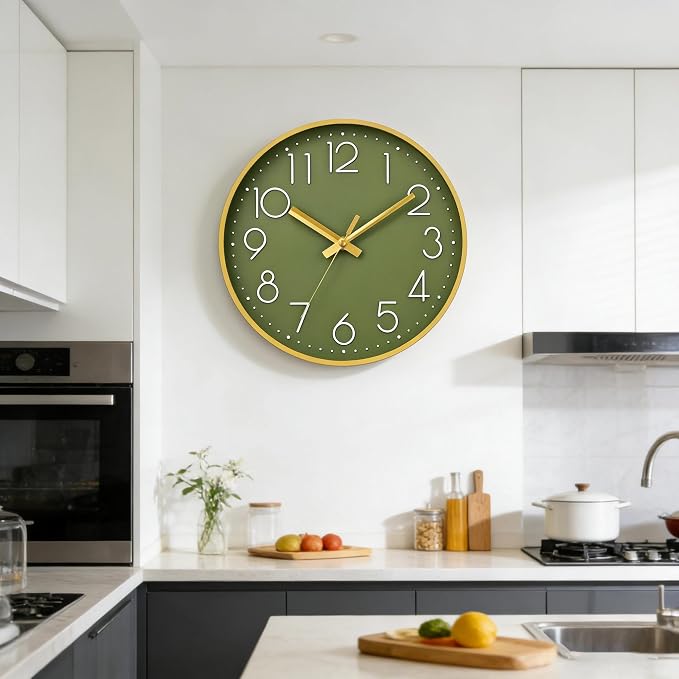 DAXSMY Wall Clock - 12 Inch Silent Non-Ticking Modern 3D Wall Clocks Battery Operated - Decorative Clock for Kitchen, Home Office, Bathroom, Bedroom, Living Room(Green)