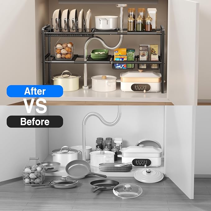 Mustorn Pots and Pans Organizer Under Cabinet, Expandable 2 Tier Under Sink Organizers Storage Adjustable Height Kitchen Pot and Pan Lid Holder Rack with 6 Dividers(4panels,2baskets,1 Pot rack,Black)