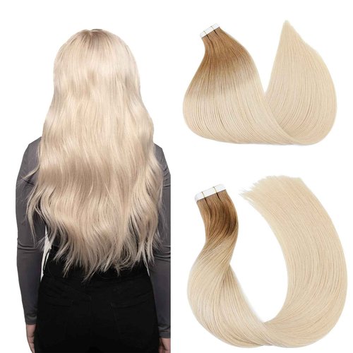 Tape in Hair Extensions ，Real Human Hair Extension,Bleach and Caramel Blonde Human Hair 22 inch 20pcs 50g,Thick Ends Straight Seamless, Invisible Tape in Hair Extensions Human Hair