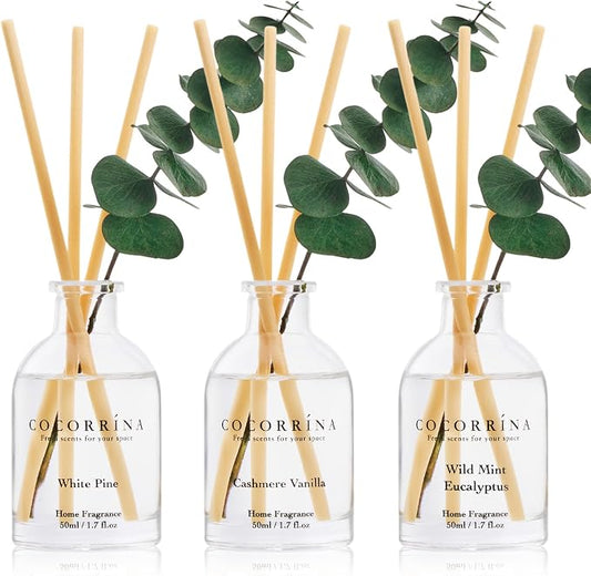 COCORRÍNA Eucalyptus Reed Diffuser Set of 3 - Wild Mint & Eucalyptus, White Pine, Cashmere Vanilla Scents, 1.7 fl oz Each, Total 5.1 oz, Scented Oil Diffusers for Home & Office