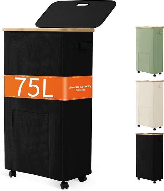 Laundry Basket with Wheels, Dirty Clothes Hamper on Wheels, Rolling Tall Laundry Hamper with lid for Laundry Room, Dorm and Bathroom, 75L Black