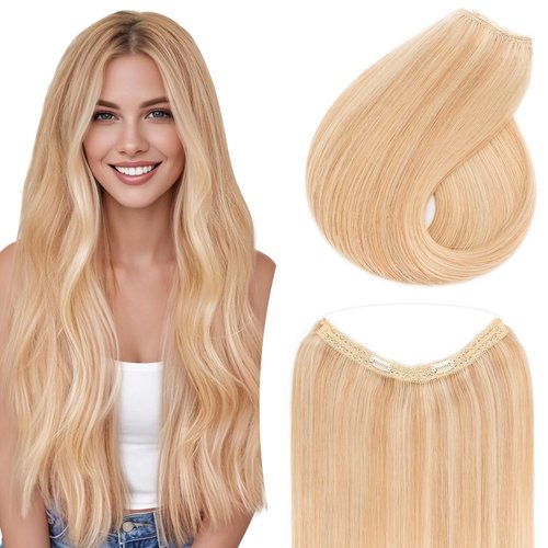 TESS Human Hair Extensions Halo Remy Hair 18 Inch Straight Adjustable Invisible Wire Easy to Use Clip in, Camel mixed Light gold
