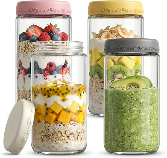 24 OZ Overnight Oats Jars with Lids 4 Pack, Glass Meal Prep Containers, Reusable Food Storage Jars, Airtight Mason Jars for Breakfast, Yogurt Parfait, Salad, Smoothies(4-2)
