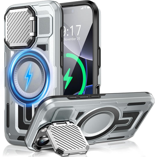 Camera Stand Case for iPhone 16 Pro, [Compatible with MagSafe] [Lens Cover] 2024 Version Military Grade Protective Soft Case for iPhone 16 Pro 6.3 inch Men Women, Grey
