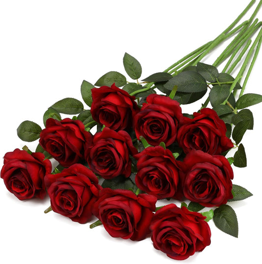 Burgundy Fake Roses Artificial Flowers - 10 Pcs Fake Artificial Roses Silk Flowers with Stems for Home Wedding Hotel Office Centerpiece Decor（Burgundy）