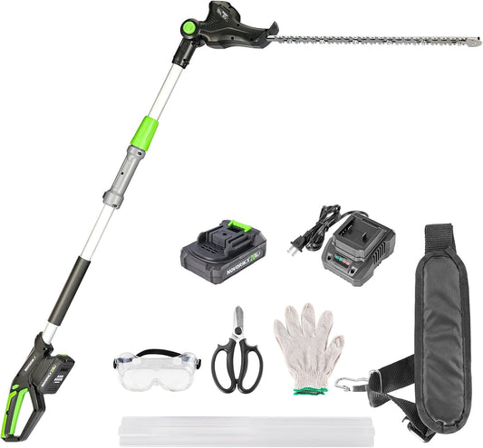 Pole Hedge Trimmer Cordless 20V with Battery Powered 20-Inch Electric Hedge Trimmers 10-FT Reach with Extension Pole Multiple Angles for Shrubs Pruning Bush Trimmer