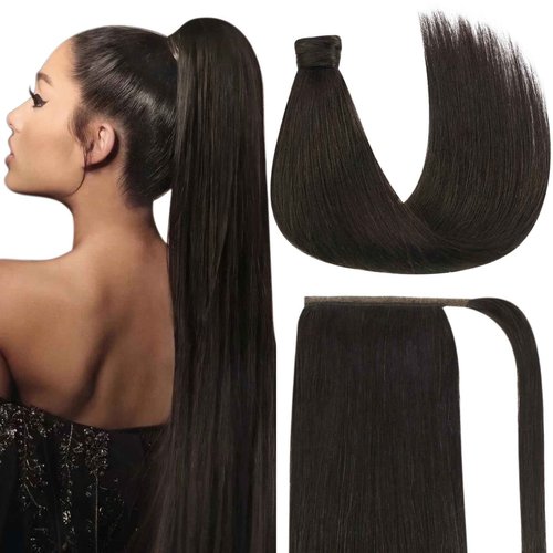 Ve Sunny Ponytail Extension Real Human Hair for Women Clip in Ponytail Hair Extension Straight Hair Pieces Wrap Around Darkest Brown 20inch 80G