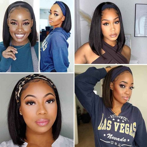 AISI Bob Headband Wig Human Hair Short Wigs for Black Women Straight 150% Density (16 Inch)