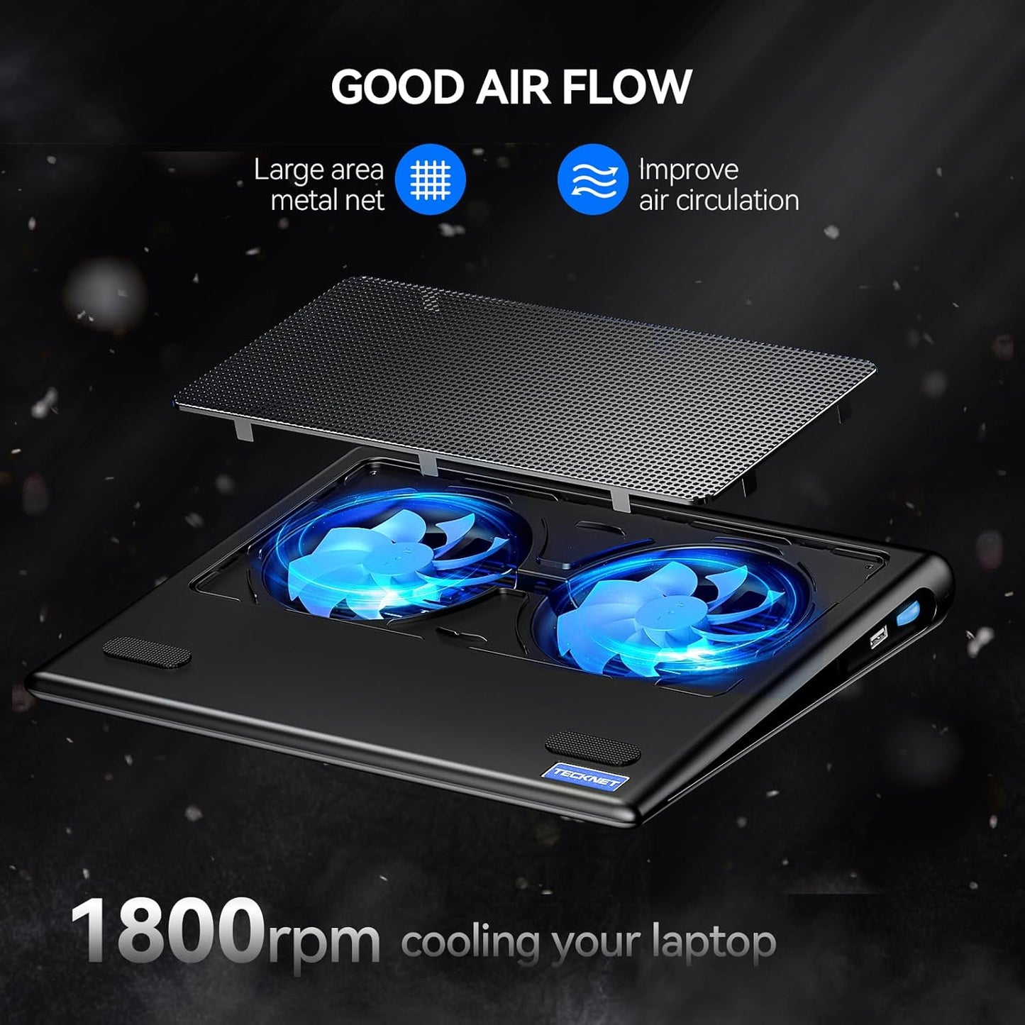TECKNET Laptop Cooling Pad, 12"-15.6" Laptop Cooler, Gaming Laptop Cooling Stand, Wind Speed Adjustable, 2 USB Powered Laptop Fan Cooling Pad for Laptop Within 16 Inch (Blue)