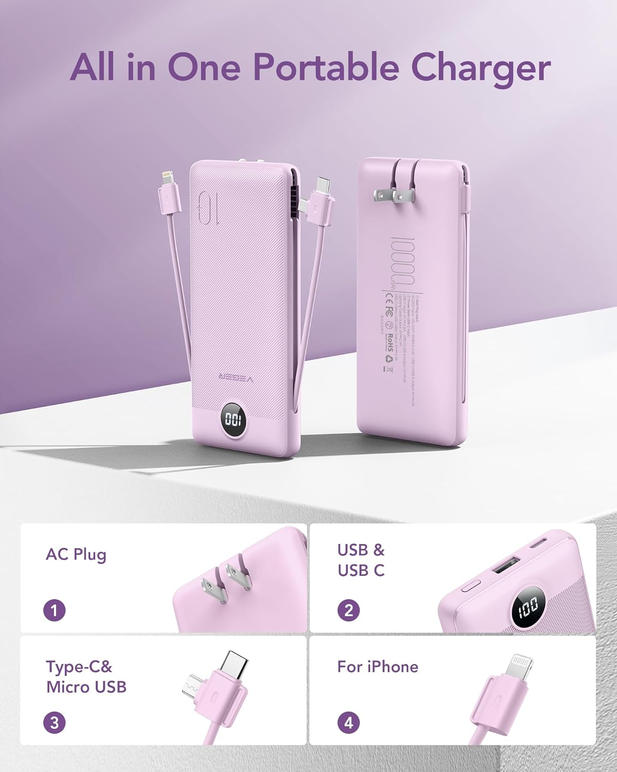 VEGER Portable Charger for iPhone Built in Cables and Wall Plug, 10000mah Slim Fast Charging USB C Power Bank, Travel Essential Battery Pack Compatible with iPhones, iPad, Samsung More Devices(Purple)