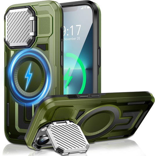 Camera Stand Case for iPhone 13 Pro, [Compatible with Mag Safe] [Lens Cover] 2024 Version Military Grade Protective Soft Case for iPhone 13 Pro 6.1 inch Men Women, Green