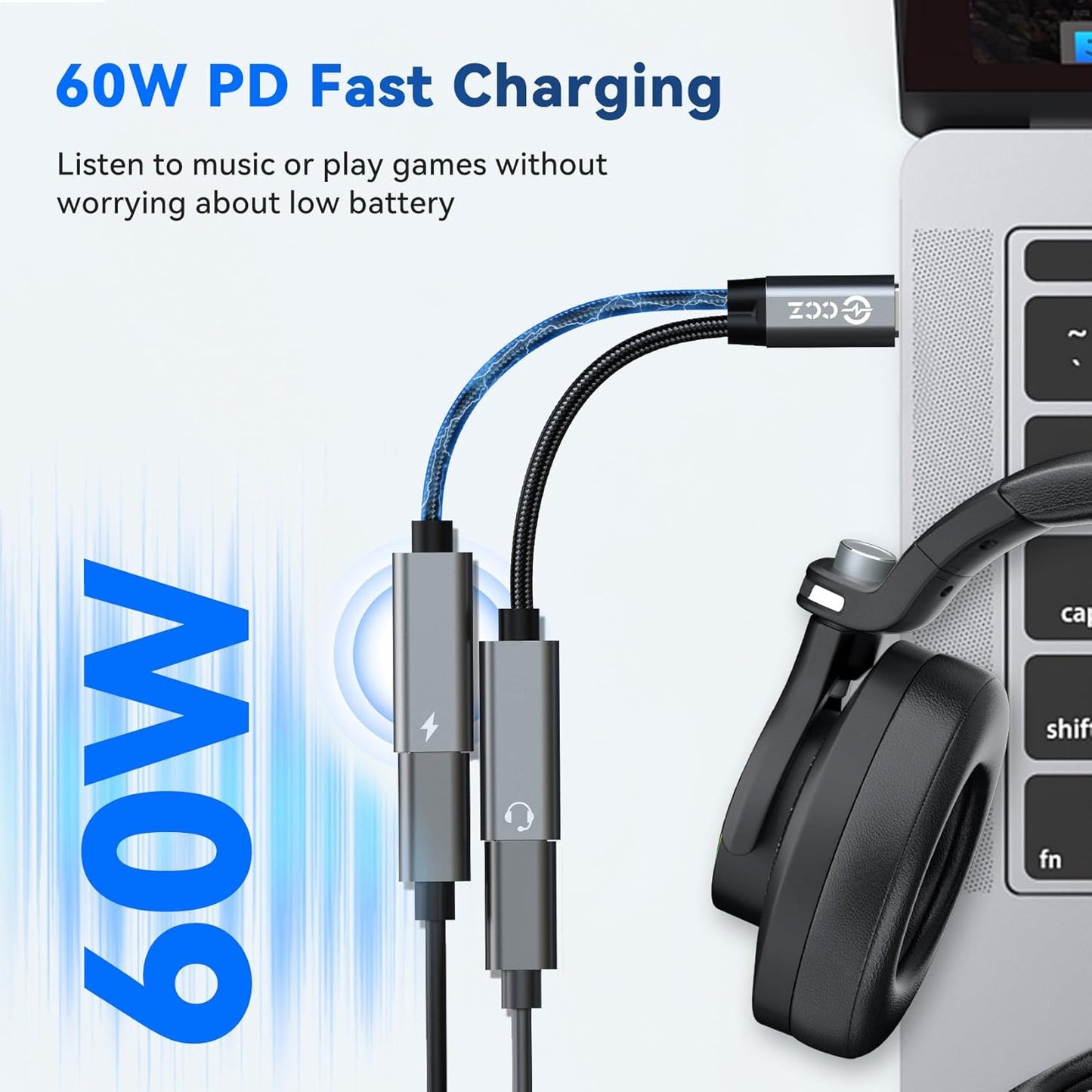 USB C Splitter,1 in 2 Out Dual USB C Type Headphone and 60W PD Charger Audio Adapter,Hi-Fi Sound Quality Type C Headphone Adapter and Charging Dongle Cable for Phone 16/15 Pro Max(USB-USB,5Pack)