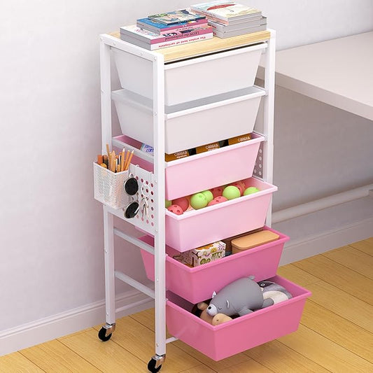 Rolling Cart with Drawers, Rolling Storage Cart with Large Plastic Drawers & Wooden Tabletop, Utility Cart with Pegboards & Basket, Storage Drawers Cart for Living Room, Classroom, Bedroom, Office