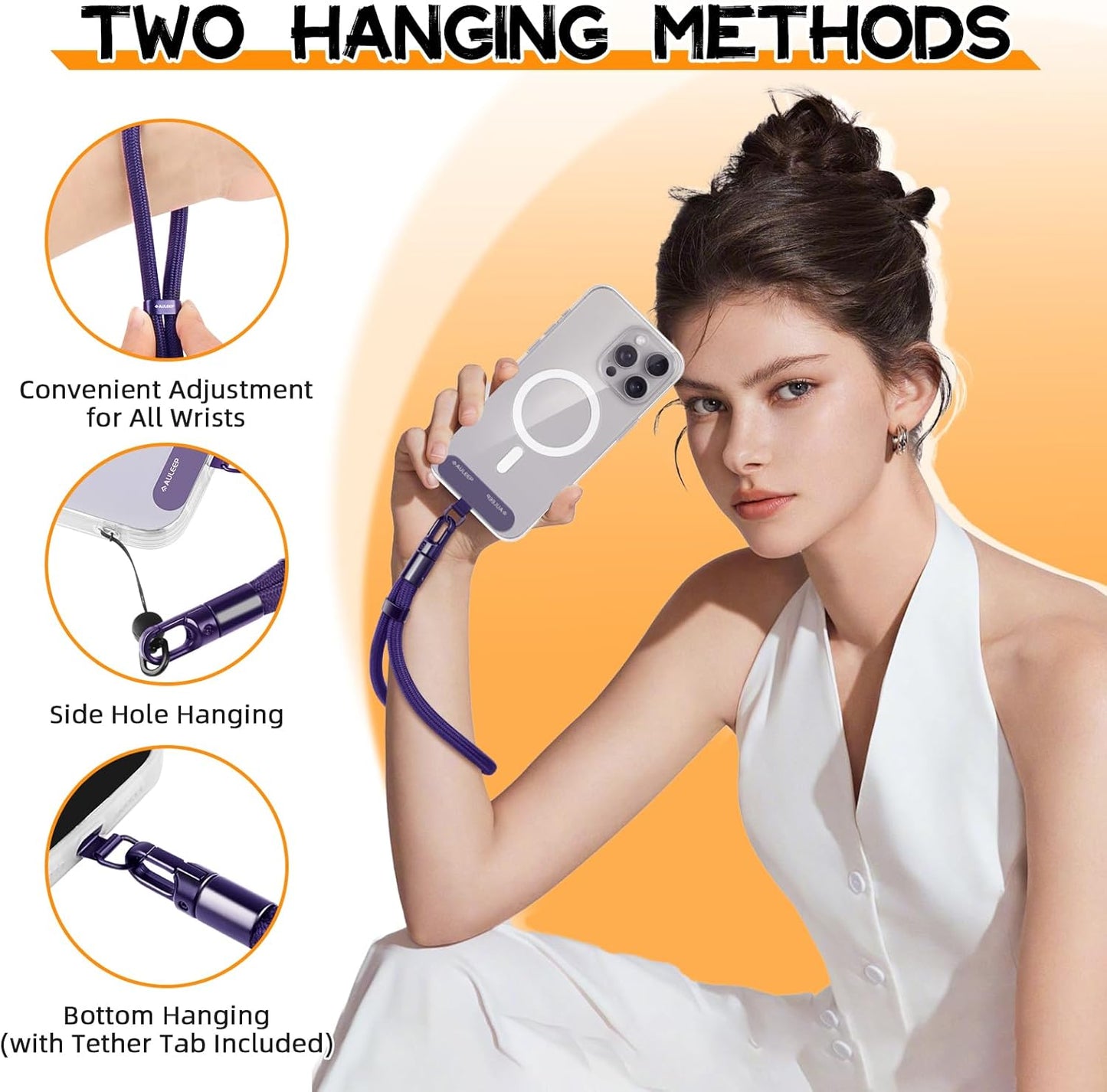 AULEEP Phone Wrist Strap for Women Men - Anti theft Phone Lanyard for Phone Case, iPhone, Cute Phone Wristlet, Hand Strap with 2 Tabs, PhoneChain, Bracelet Strap, Purple