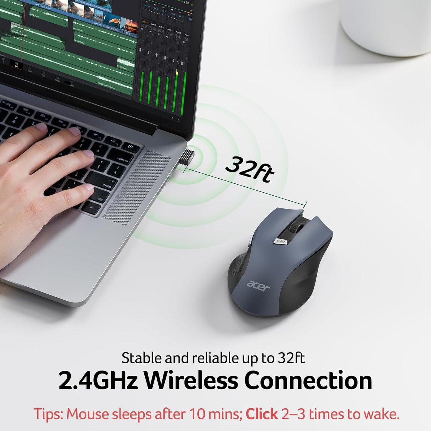 acer Wireless Mouse for Laptop, 2.4GHz Computer Mouse 3 Adjustable DPI Office Cordless USB Mice with USBA Receiver, 6 Buttons, 1600 DPI, Medium to Large Sized Hands Compatible with PC, Laptop, Desktop