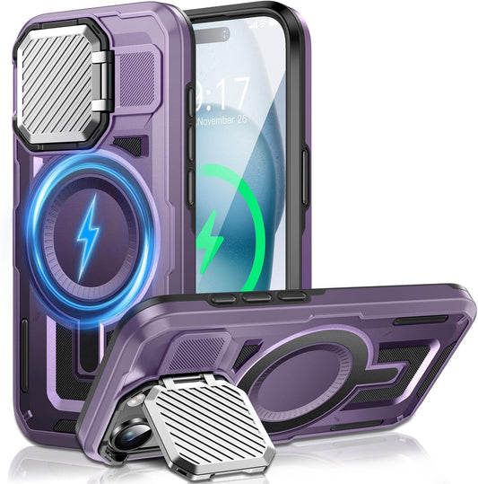 Camera Stand Case for iPhone 15 Plus, [Compatible with Mag Safe] [Lens Cover] 2024 Version Military Grade Protective Soft Case for iPhone 15 Plus 6.7 inch Men Women, Purple