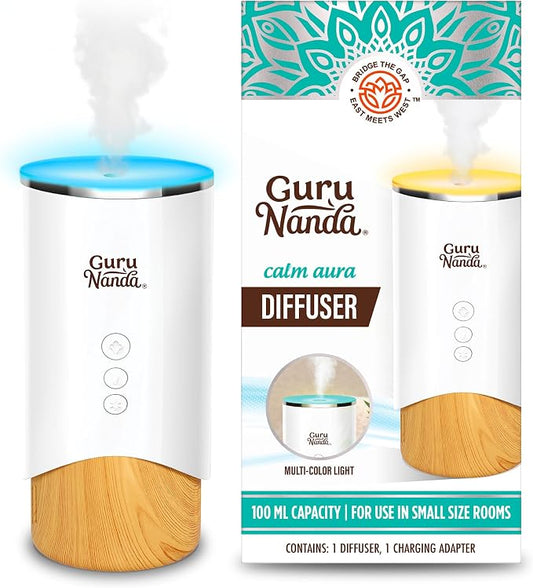 GuruNanda Calm Aura Essential Oil Diffuser, Sleek Modern Corded Electric Aromatherapy Diffuser with Turbo & Mist Modes, Auto Shut-Off Safety, Covers 250 Sq Ft, White, 100 ml