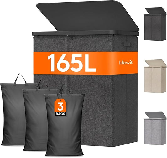 Lifewit 165L Large Laundry Basket with Lid, Laundry Hamper with Plastic Handles and Removable Bag, Foldable Tall Dirty Clothes Hampers for Laundry for Laundry Room, Bedroom, Bathroom, Dorm, Dark Gray