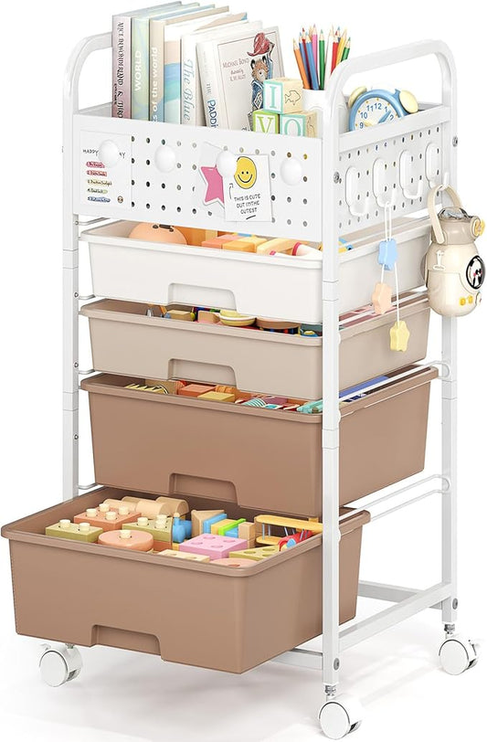 4 Drawer Rolling Storage Cart with Pegboard Top and Hooks, Mobile Organizer Cart with Wheels for Office Supplies, Craft Storage, Classroom Organization, Home Utility Cart, Brown