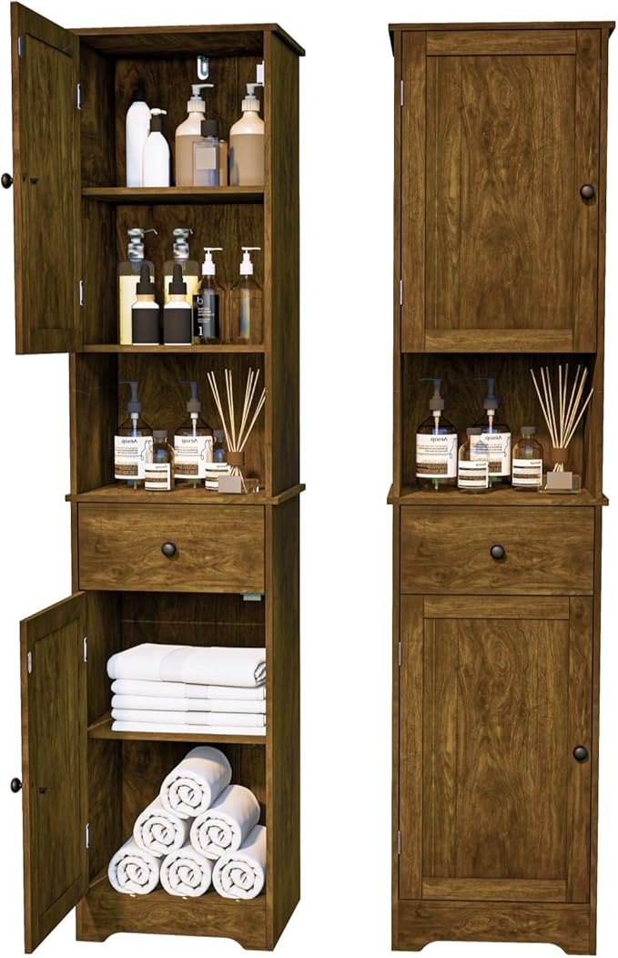 Viaozutis Tall Bathroom Cabinet, Storage Cabinet with 2 Doors & 2Drawer, with Ajustable Shelve, for Bathrooms, Kitchens,Entrances（Retro Color）