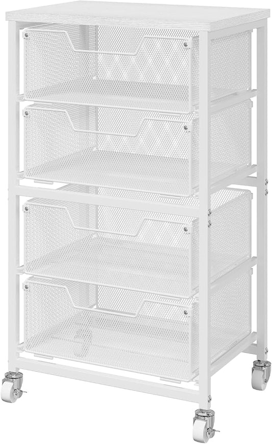 4-Drawer Rolling Storage Cart, Utility Cart with Drawers, White Metal Craft Cart Organizer with Wheels & Wooden Top, Art Supply Storage Organizer for Classroom, Office, Kitchen,Patent Pending