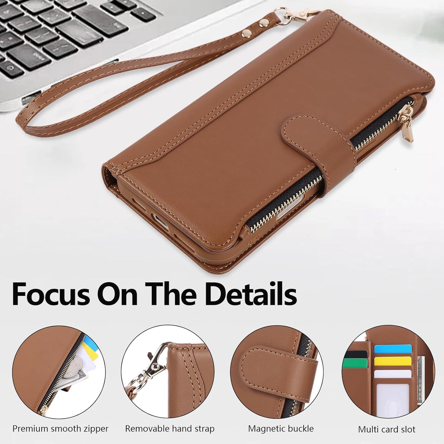 Compatible with iPhone 15 Pro Wallet Phone Case-PU Leather Magnetic Flip Cover with Credit Card Slots,Zipper Pocket & Detachable Wrist Strap,Shockproof Design,for Women and Men-Brown