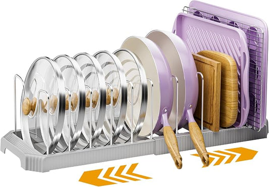 MUDEELA Pots and Pans Organizer under Cabinet, Expandable Rack with Pot Lid Holder and 12 Adjustable Dividers, Pan Organizers inside Cabinet for Kitchen Organization, Cutting Boards, Baking Sheets