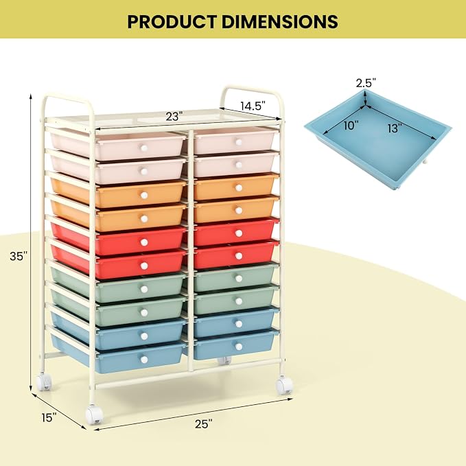 Giantex 20 Drawers Rolling Cart, Mobile Storage Drawer Cart, Classroom Organizer Cart for Office School Supplies Teacher Tools Scrapbook Paper Craft Small Printer, Utility Cart on Wheels, Macaron