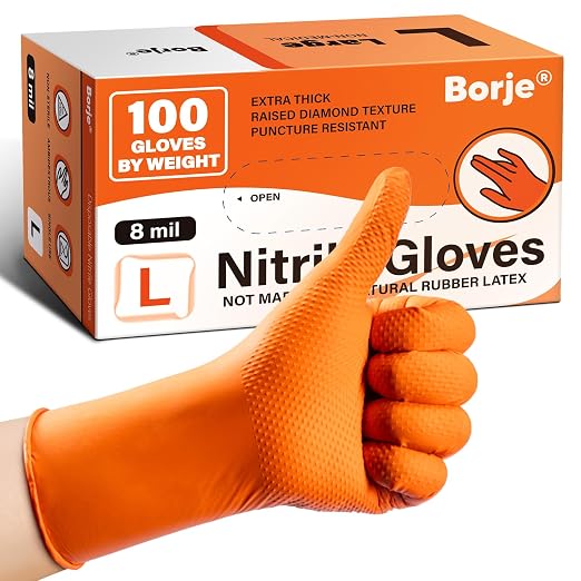 Borje Orange 8 Mil Nitrile Disposable Gloves, Heavy-Duty Mechanic Gloves, 100 Count, Large, Latex & Powder Free with Raised Diamond Texture, Industrial, Automotive, Gardening