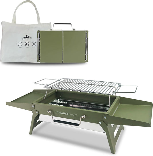 Charmline 14x9inch Small Foldable Portable Charcoal Grill, Compact Portable Grill for Outdoor, Charcoal Grills for Camping, Picnics, Gardens and Beach Parties, Liftable Grilling Net, Green