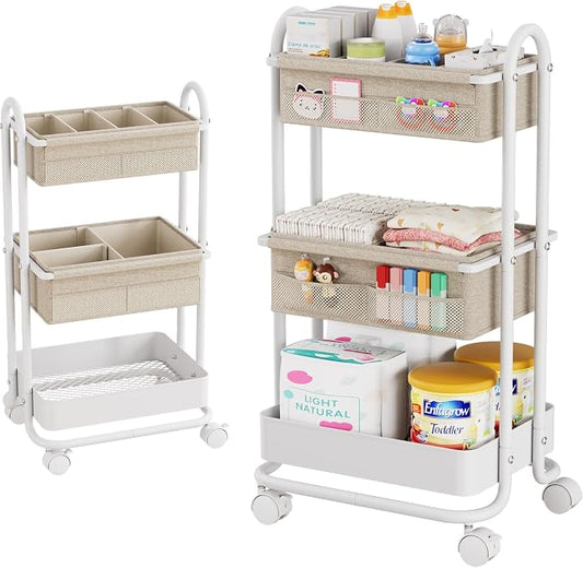 Modanais Baby Diaper Caddy Organizer Cart - 3 Tier Rolling Storage Cart with Wheels, Baby Essentials Nursery Storage, Detachable Dividers - for Crib, Bedroom, Art & Craft Organizer (Off White)