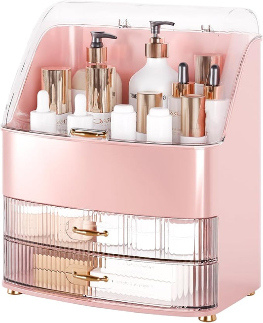 Makeup Organizer Countertop Vanity with Transparent Lid Drawers Waterproof Dustproof Cosmetic Skincare Bathroom Storage Gift for Women Teens Girls (Pink)
