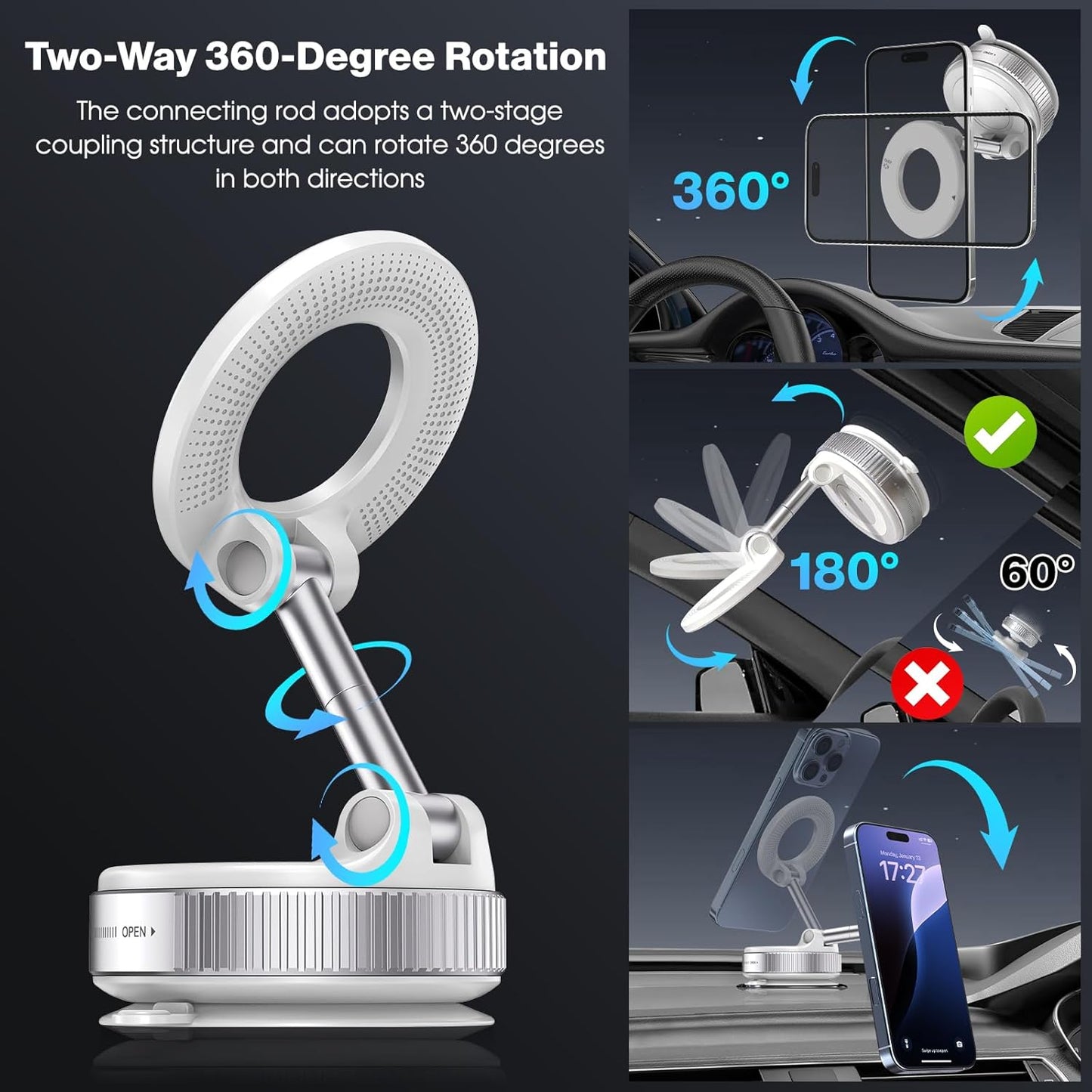 Vacuum Magnetic Suction Phone Holder, Foldable and Retractable Hands-Free Suction Cup Phone Mount for Car/Gym/Mirror/Smooth Surface, Compatible with iPhone Android and All Smartphones (White)