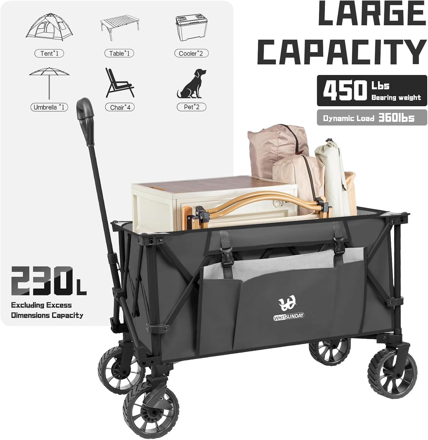 Whitsunday Folding Collapsible Utility Wagon, 400Lbs Heavy Duty Outdoor Park Beach Wagon with Table and Side Pocket for Garden Camping Sports Shopping Grey