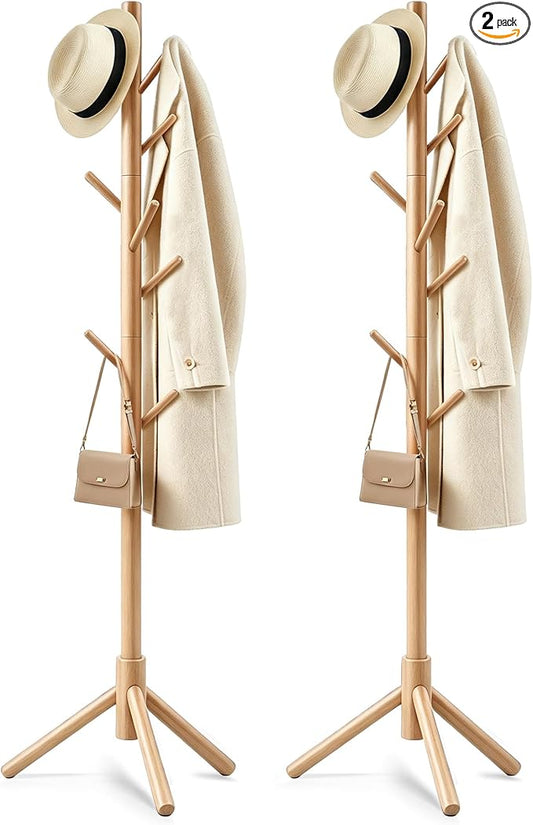2 PC Wooden Coat Rack Freestanding with 8 Hooks & 3 Adjustable Sizes for Clothes, Space-Saving Design for Bedroom Office Entrance Holds Hats Coats Scarves Bags