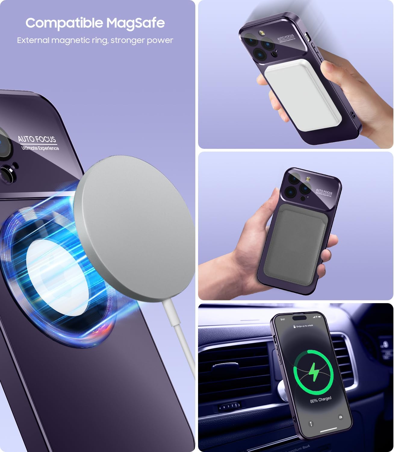 Magnetic for iPhone 16 Pro Case, Compatible with MagSafe, Built-in Camera Lens Protector, Logo View, Military Grade Drop Proof Phone Cover, Purple
