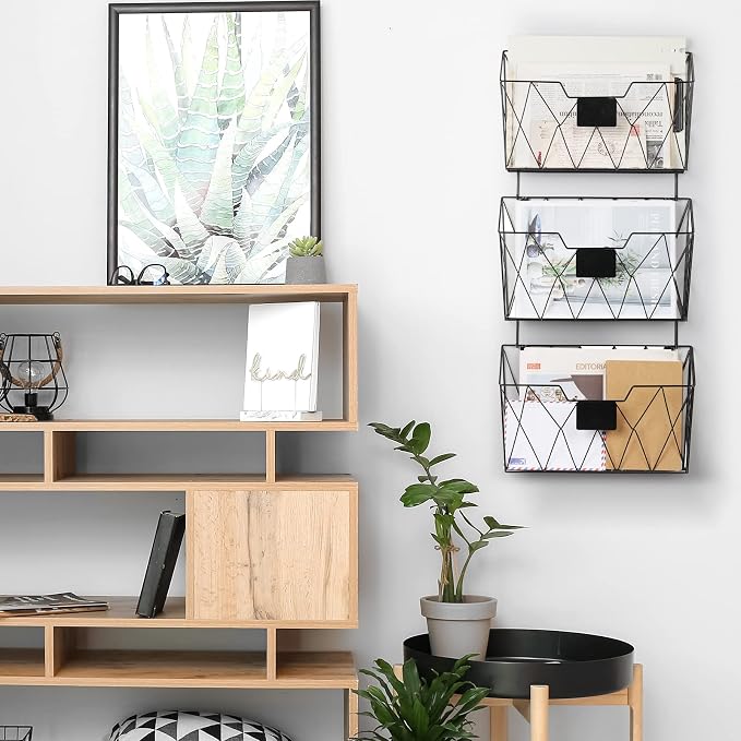 YBING Wall File Organizer for Office Hanging Wall File Holder and Basket Set of 3 Hanging File Rack with Hooks Metal Wall Storage for Office Living Room Black