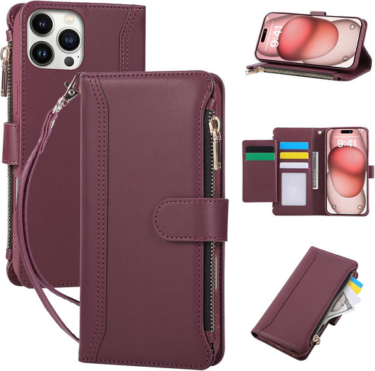 Compatible with iPhone 15 Pro Wallet Phone Case-PU Leather Magnetic Flip Cover with Credit Card Slots,Zipper Pocket & Detachable Wrist Strap,Shockproof Design,for Women and Men-Claret