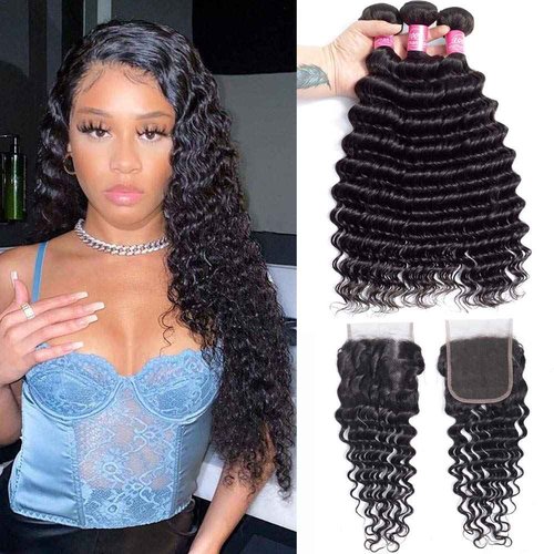 Deep Wave 10A Human Hair Bundles with Closure(16 18 20+14) Brazilian Deep Weave Curly Human Hair 3 Bundles with 4x4 Lace Closure 100% Unprocessed Virgin Human Hair Bundle Natural Color
