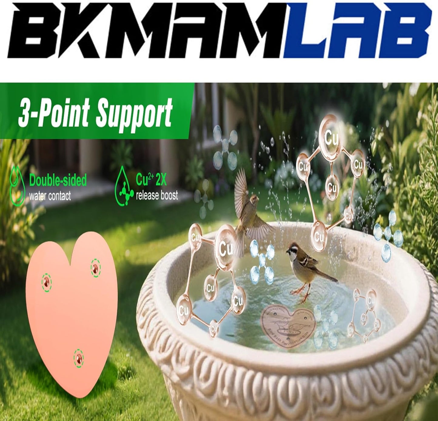 2-Pack 99.99% Pure Copper Bird Bath Purification Disk,Copper Disc with Stable Triple-Point Support,Fits All Outdoor Bird Baths(Heart-Shaped&Round)